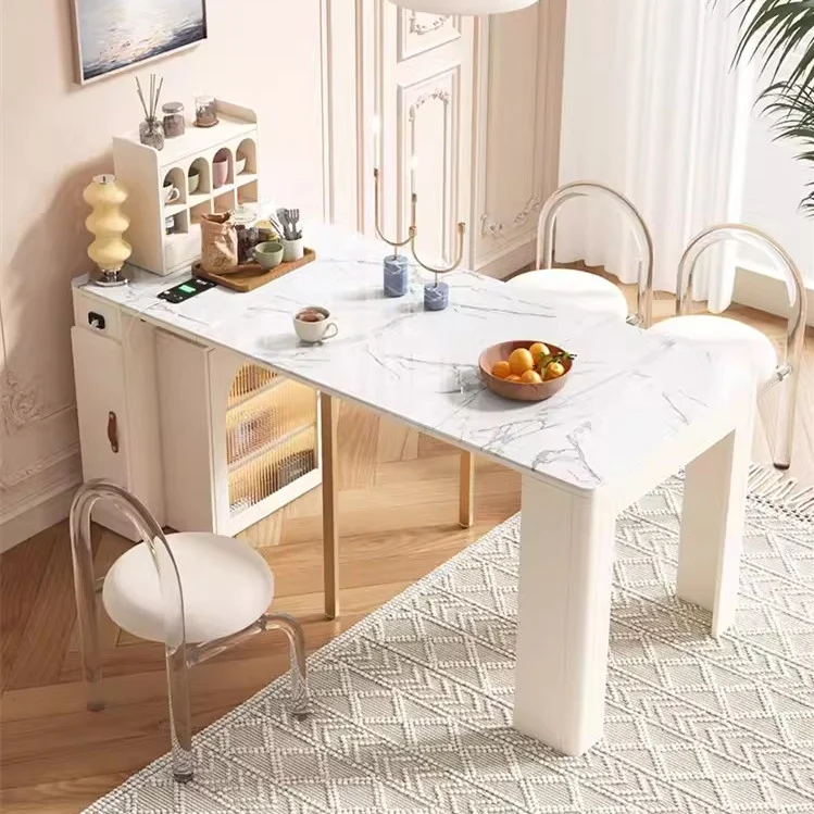Table à manger extensible moderne avec 4 feuilles en marbre et buffet de rangement