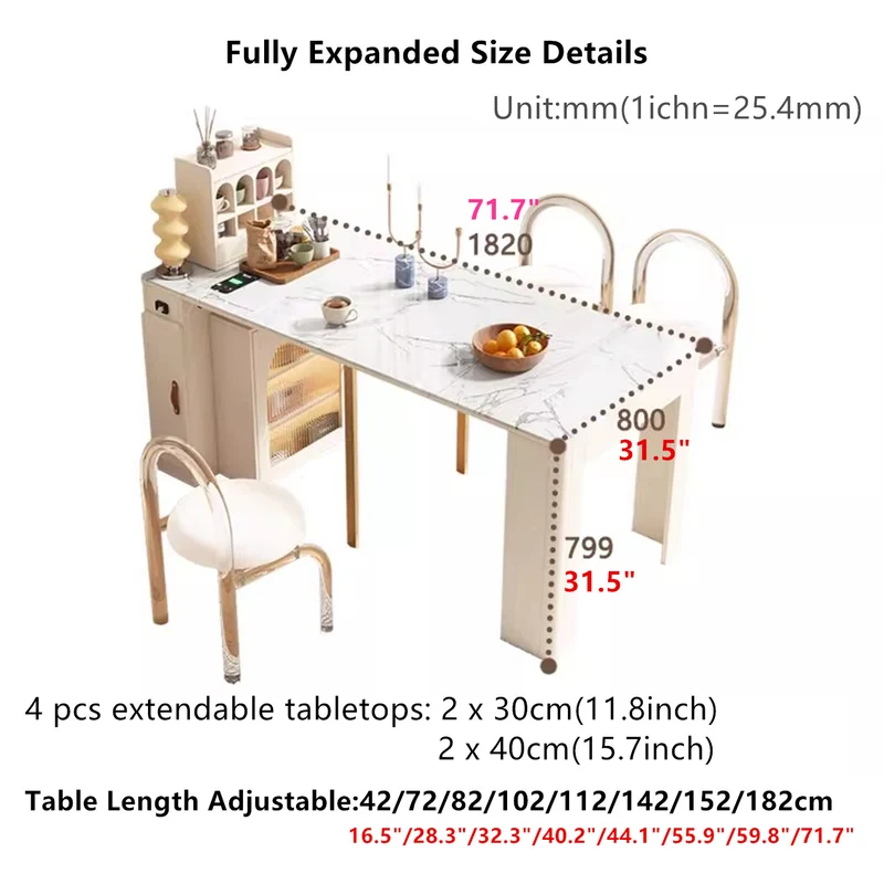 Table à manger extensible moderne avec 4 feuilles en marbre et buffet de rangement