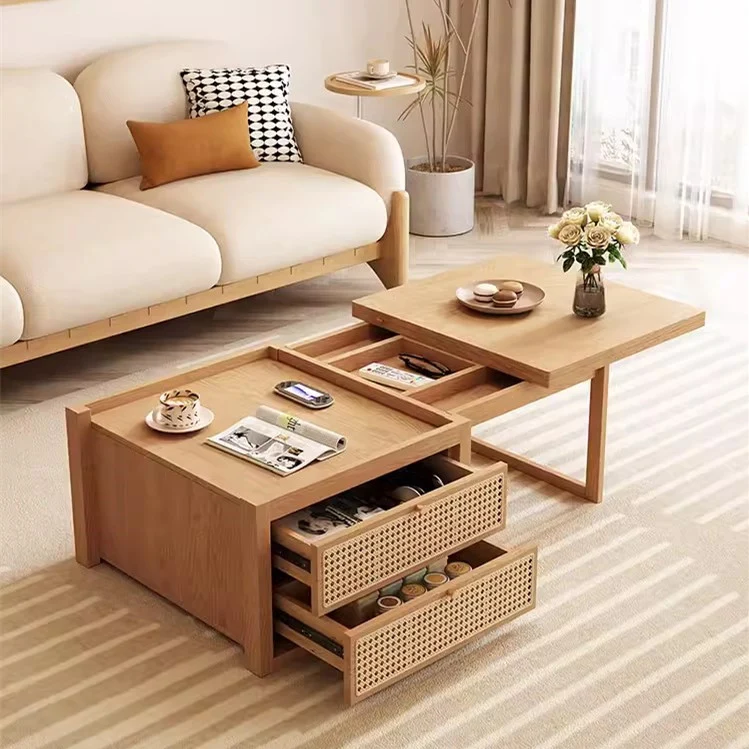 Table basse combinée déformable avec 2 tiroirs de rangement