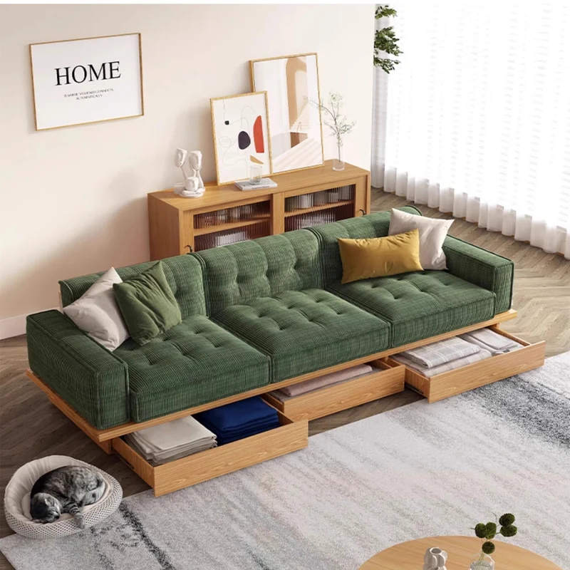 Canapé en tissu velours côtelé avec cadre en bois massif Japandi avec tiroirs de rangement en dessous