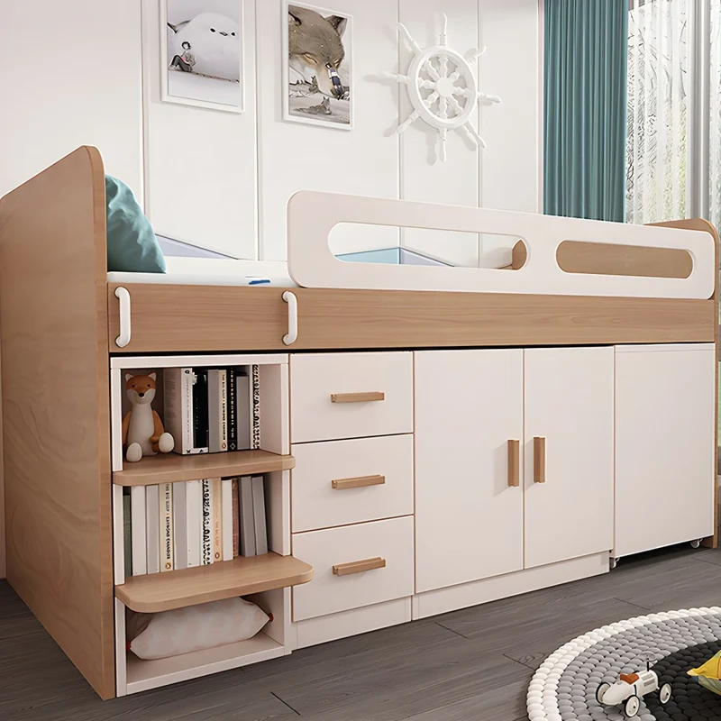 Lit mezzanine en bois pour enfants avec petit bureau coulissant, armoire et armoire de rangement