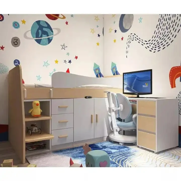 Lit mezzanine en bois pour enfants avec petit bureau coulissant, armoire et armoire de rangement