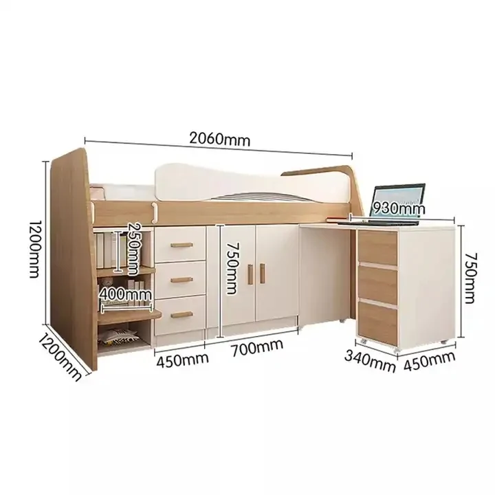 Lit mezzanine en bois pour enfants avec petit bureau coulissant, armoire et armoire de rangement