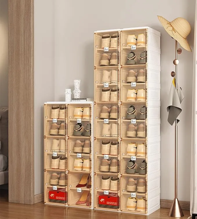 Boîte de rangement pour organisateur de chaussures, portable et pliable, facile à assembler, avec porte transparente magnétique