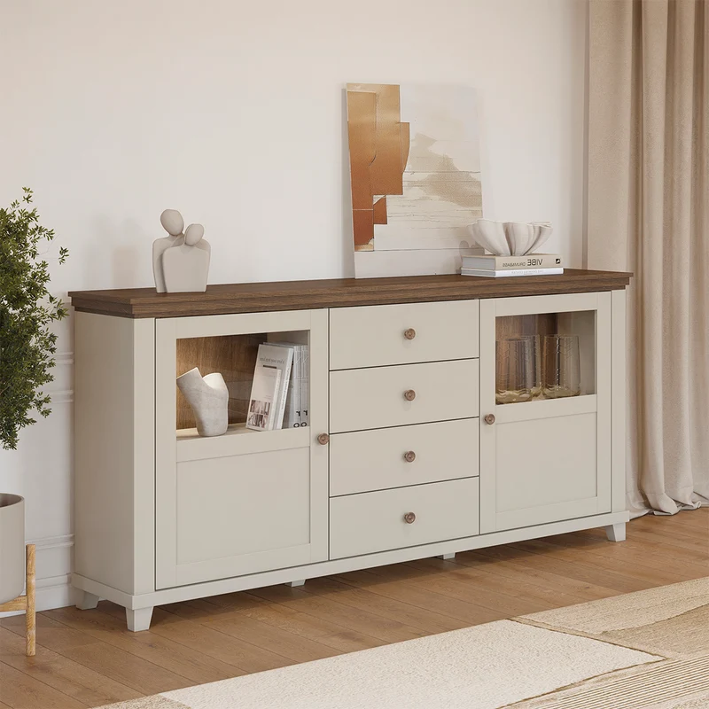 Buffet 2 portes 4 tiroirs Martin Beige et Bois