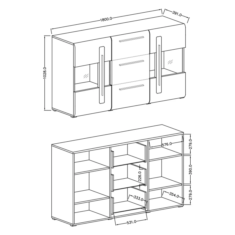 Buffet 2 portes 3 tiroirs avec LED Louis Blanc