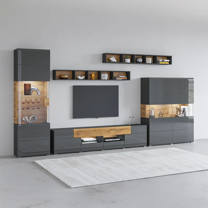 Vaisselier 2 portes avec LED Jules Gris et Bois
