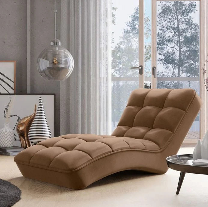 Chaise longue LES TENDANCES Rikal velours capitonné beige