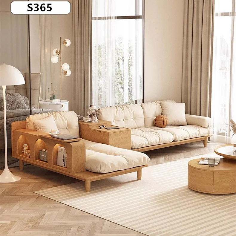 Canapé Japandi en bois massif avec accoudoir rotatif et table d'appoint relevable