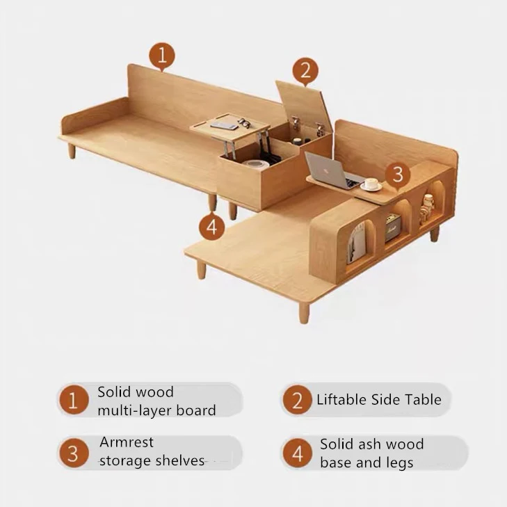 Canapé Japandi en bois massif avec accoudoir rotatif et table d'appoint relevable