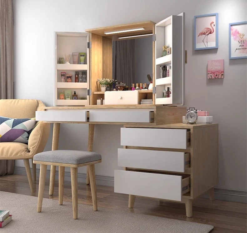 Grand ensemble de coiffeuse avec miroir, lumière et tabouret à coussins