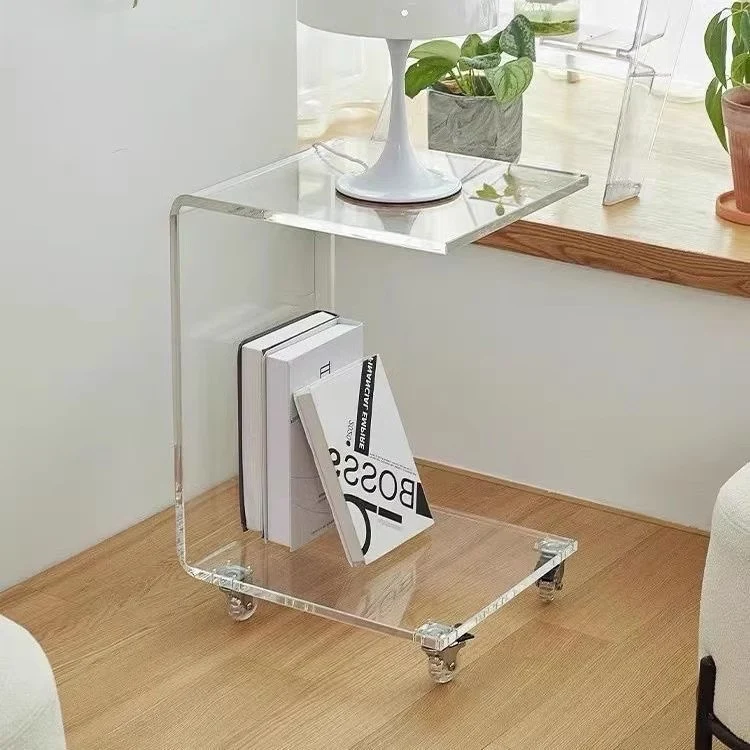 Table d'appoint en acrylique en forme de C avec roues