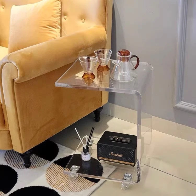 Table d'appoint en acrylique en forme de C avec roues