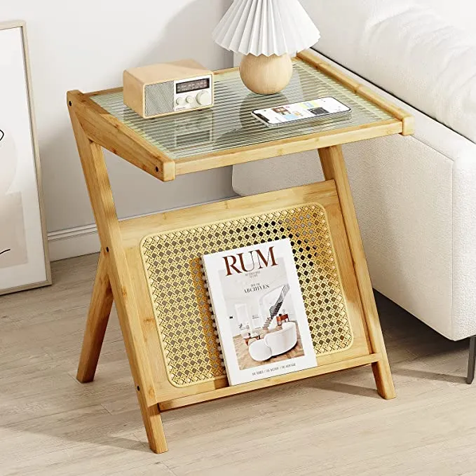Table d'appoint en bambou et rotin avec rangement