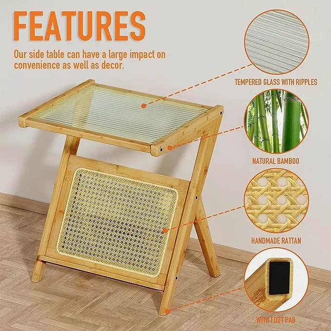 Table d'appoint en bambou et rotin avec rangement