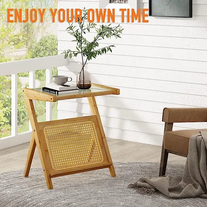 Table d'appoint en bambou et rotin avec rangement