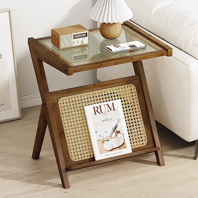 Table d'appoint en bambou et rotin avec rangement