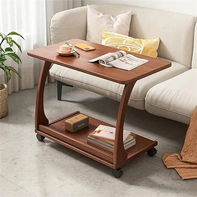 Table d'appoint en bois massif en forme de C avec roulettes