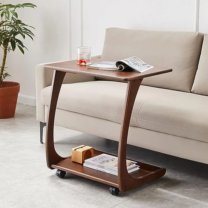 Table d'appoint en bois massif en forme de C avec roulettes