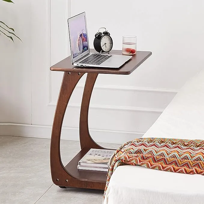 Table d'appoint en bois massif en forme de C avec roulettes