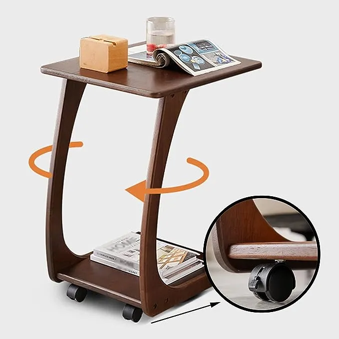 Table d'appoint en bois massif en forme de C avec roulettes