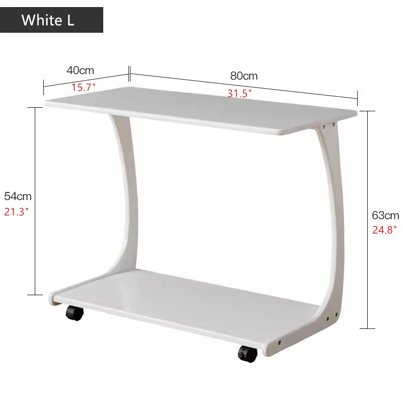 Table d'appoint en bois massif en forme de C avec roulettes