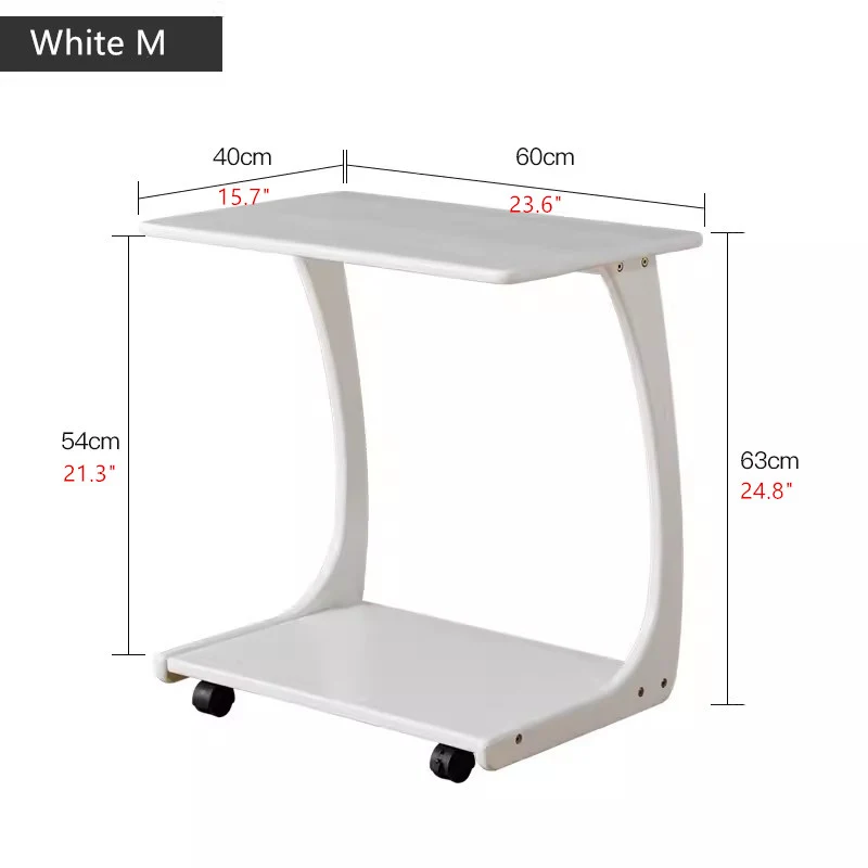 Table d'appoint en bois massif en forme de C avec roulettes