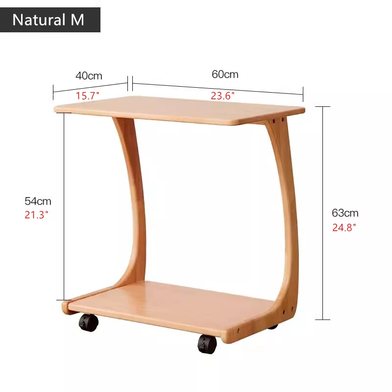 Table d'appoint en bois massif en forme de C avec roulettes