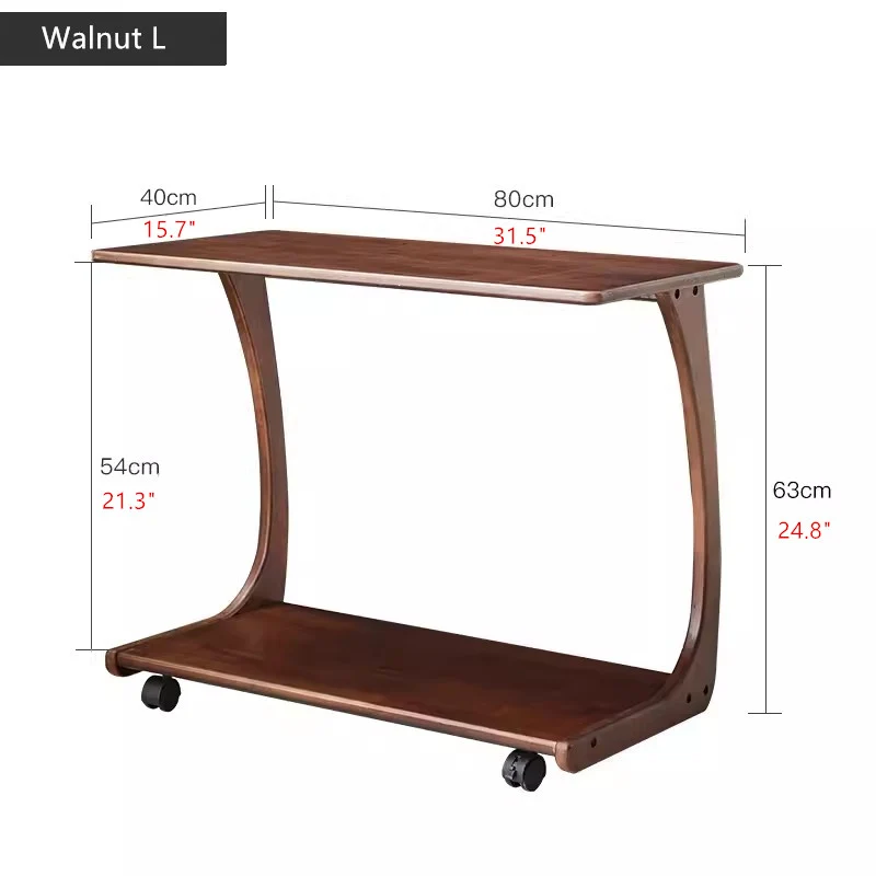 Table d'appoint en bois massif en forme de C avec roulettes