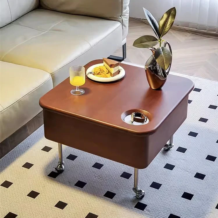 Table basse relevable en bois massif avec rangement et roues universelles