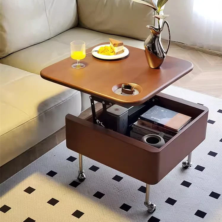 Table basse relevable en bois massif avec rangement et roues universelles
