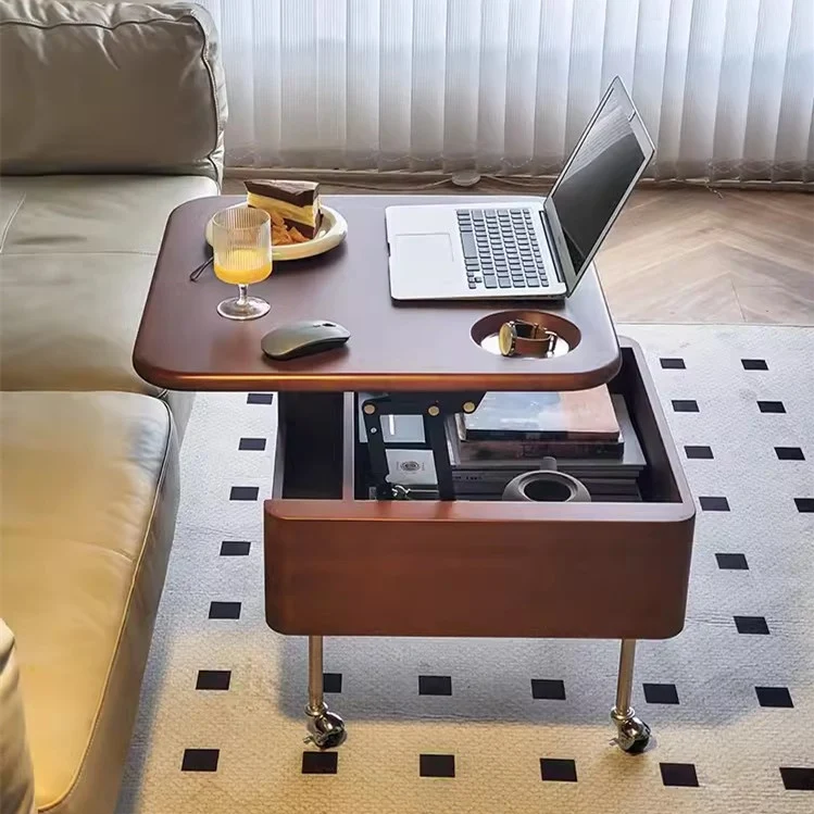 Table basse relevable en bois massif avec rangement et roues universelles