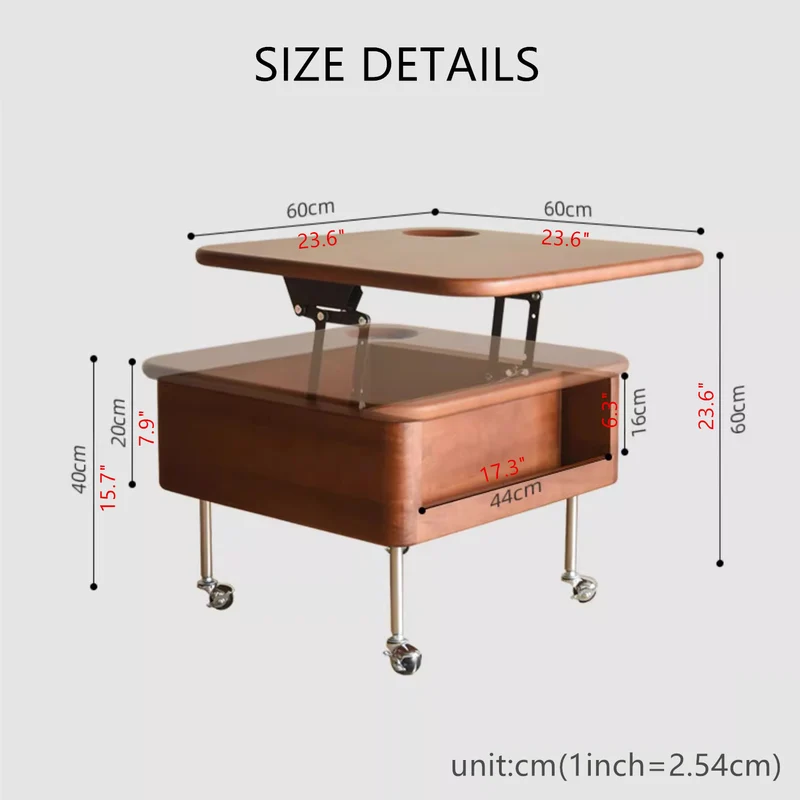 Table basse relevable en bois massif avec rangement et roues universelles