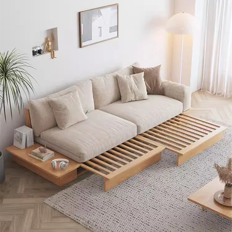 Canapé-lit Japandi en bois massif avec boîte de rangement à accoudoir relevable