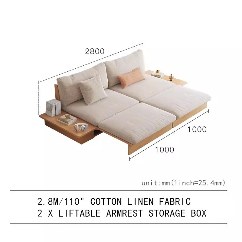 Canapé-lit Japandi en bois massif avec boîte de rangement à accoudoir relevable