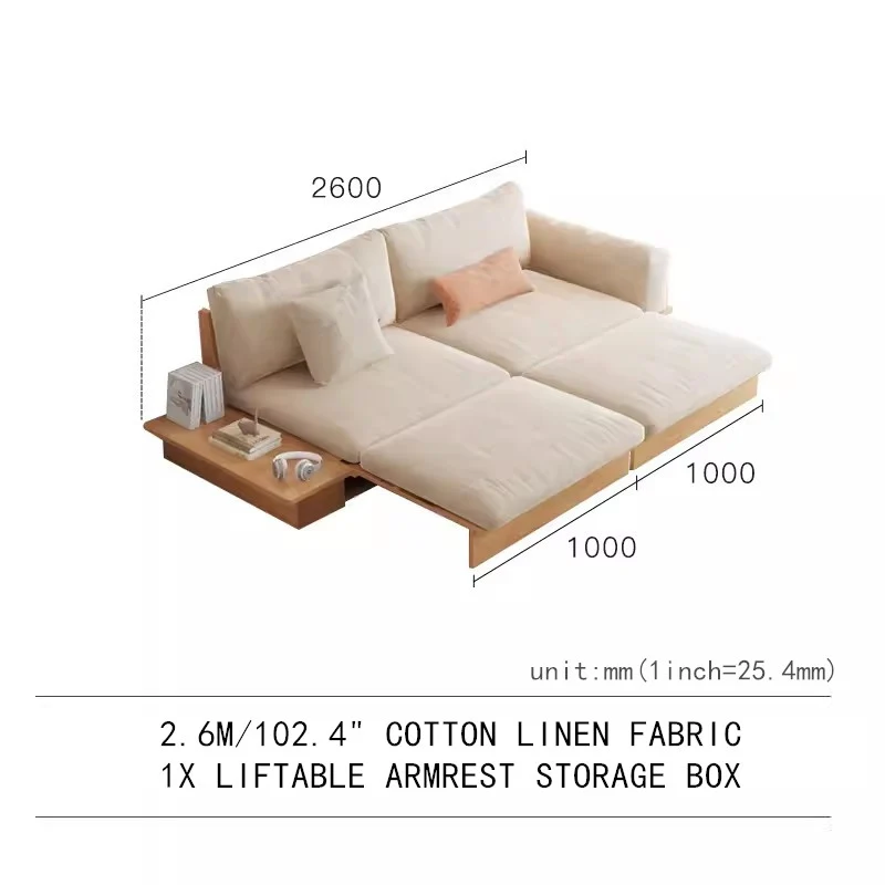 Canapé-lit Japandi en bois massif avec boîte de rangement à accoudoir relevable