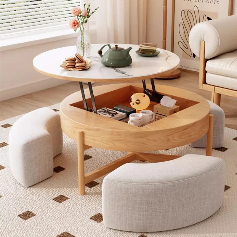Table basse ronde à plateau relevable avec rangement et repose-pieds