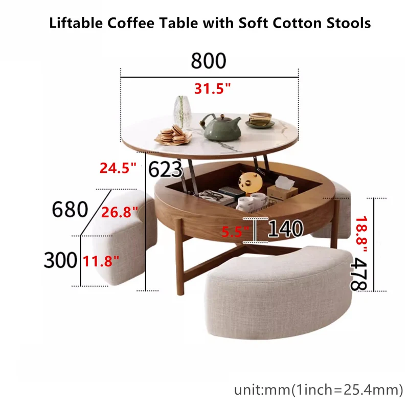Table basse ronde à plateau relevable avec rangement et repose-pieds