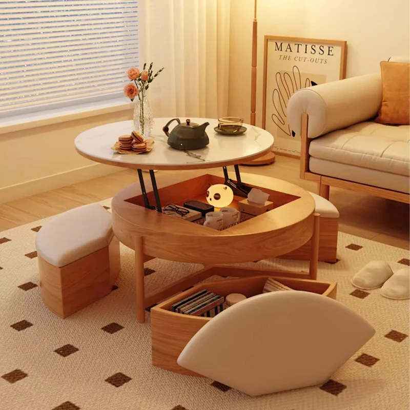 Table basse ronde à plateau relevable avec rangement et repose-pieds