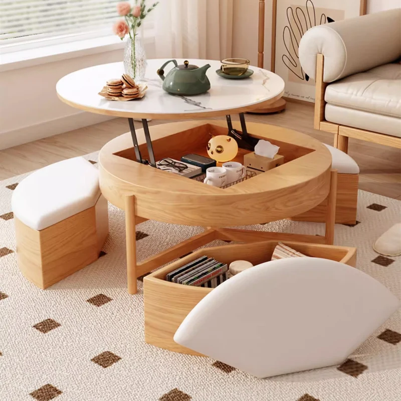 Table basse ronde à plateau relevable avec rangement et repose-pieds