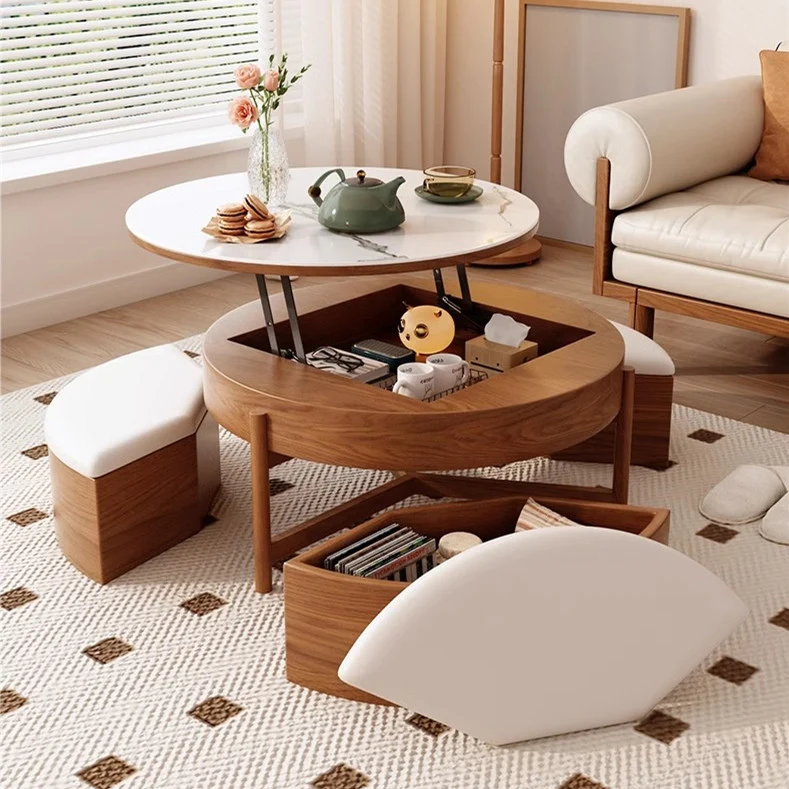 Table basse ronde à plateau relevable avec rangement et repose-pieds