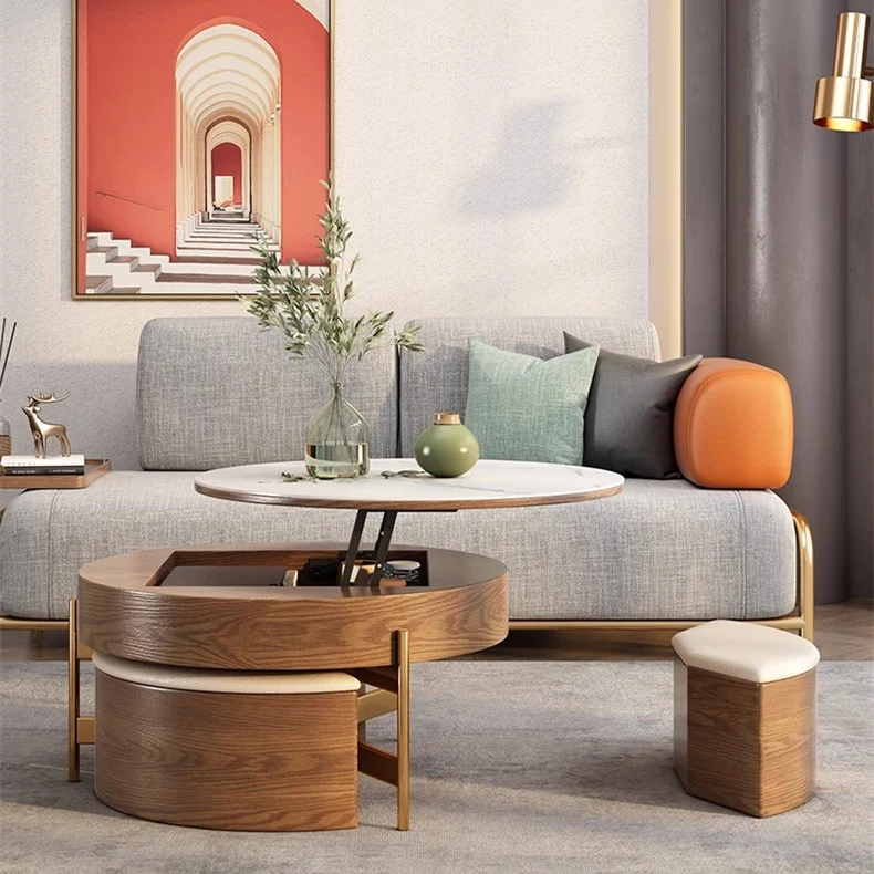 Table basse ronde à plateau relevable avec rangement et repose-pieds