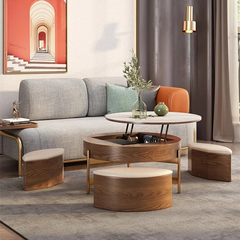 Table basse ronde à plateau relevable avec rangement et repose-pieds