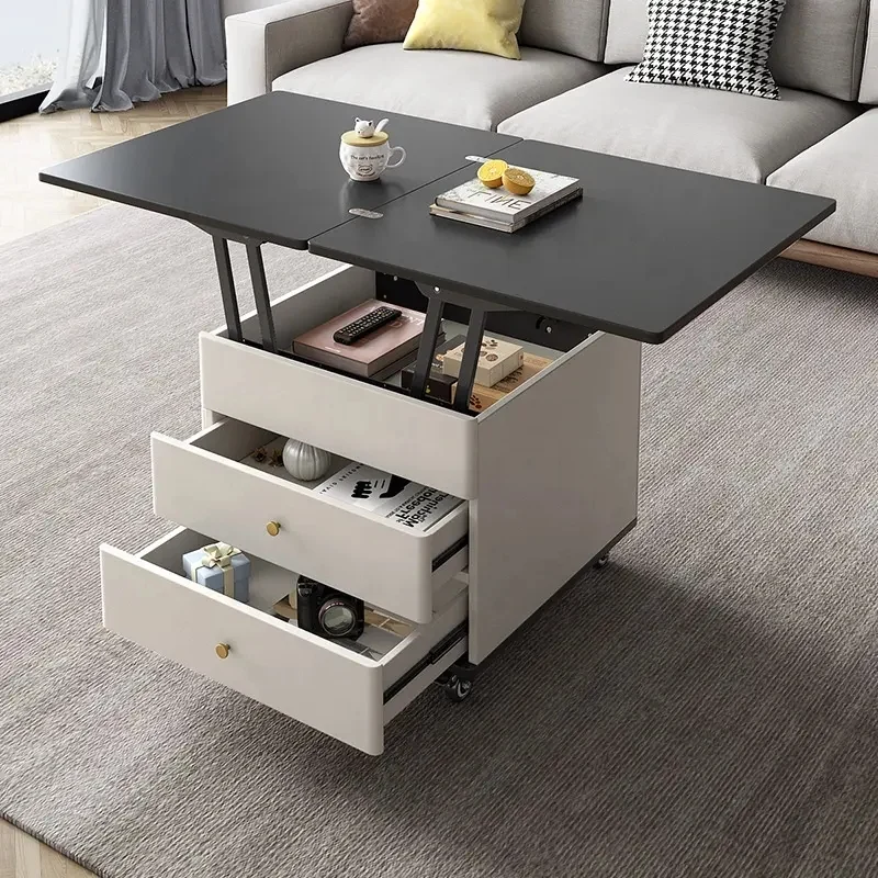 Table Basse Multifonction Moderne Levable et Extensible avec Tiroirs de Rangement et Roues Universelles