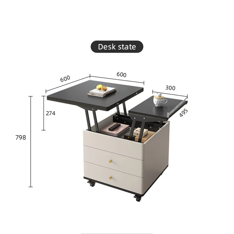 Table Basse Multifonction Moderne Levable et Extensible avec Tiroirs de Rangement et Roues Universelles