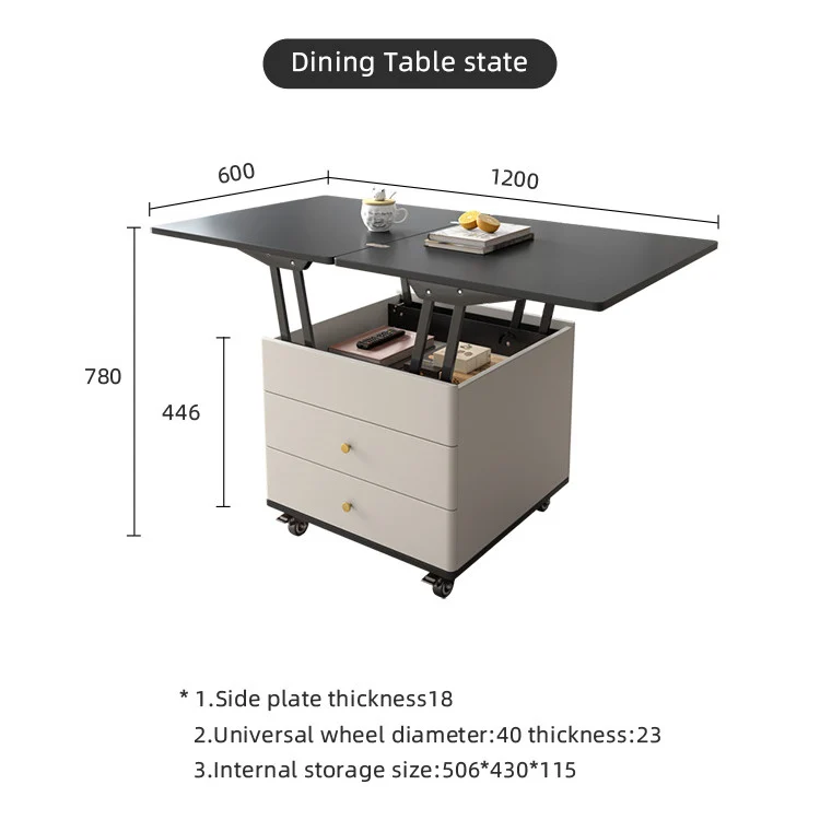 Table Basse Multifonction Moderne Levable et Extensible avec Tiroirs de Rangement et Roues Universelles