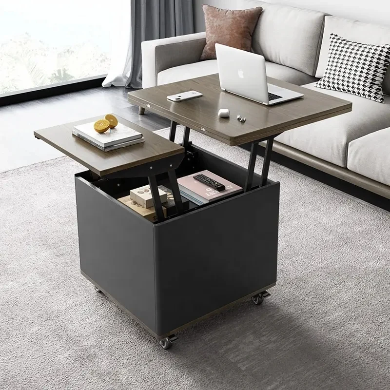 Table Basse Multifonction Moderne Levable et Extensible avec Tiroirs de Rangement et Roues Universelles