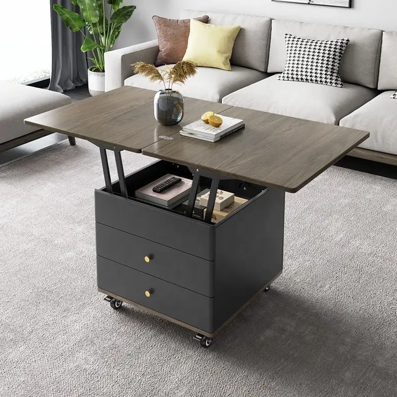Table Basse Multifonction Moderne Levable et Extensible avec Tiroirs de Rangement et Roues Universelles