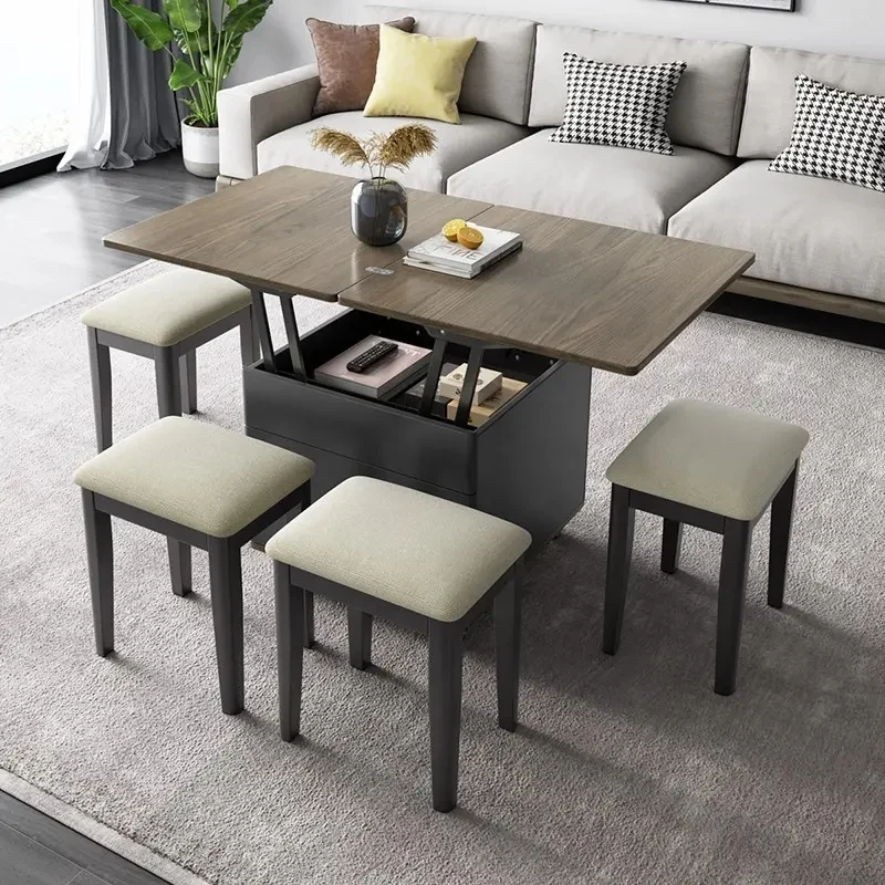Table Basse Multifonction Moderne Levable et Extensible avec Tiroirs de Rangement et Roues Universelles
