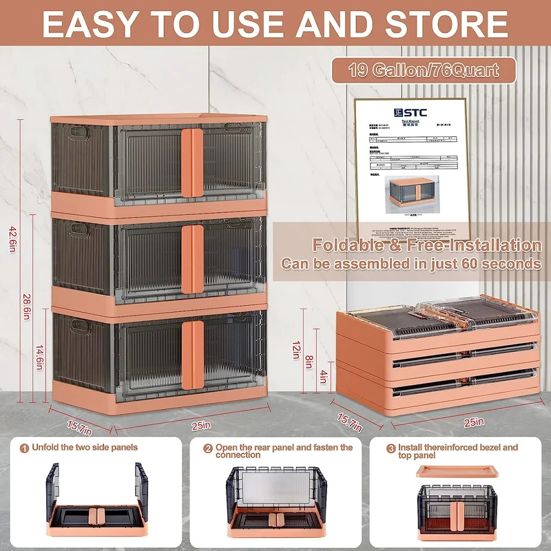 Bacs de rangement empilables et pliables avec couvercles et portes